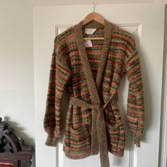 70s Striped Earth-Tone Knit Cardigan with Matching Waist Belt - Picture 1 of 5